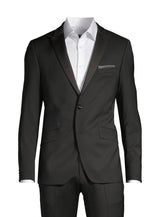 A black double-breasted suit with button details.