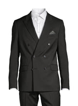 A black double-breasted suit with button details.