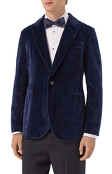 Dark navy velvet blazer peak lapel Front