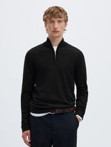 BLACK MERINO WOOL HALF-ZIP JUMPER
