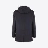 Long navy wool coat backside