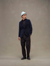 Dark navy velvet blazer peak lapel Model