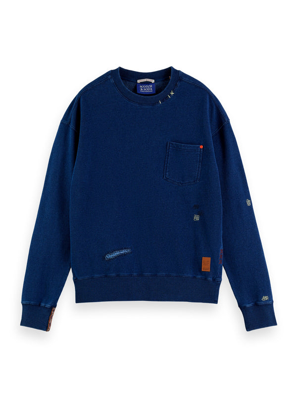denim crewneck sweatshirt with stitch details